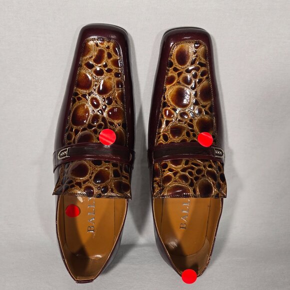 Vintage BALLY Rockabilly Red Wine Patent Leather Brown Crocodile Loafers Size 9. - Picture 8 of 17